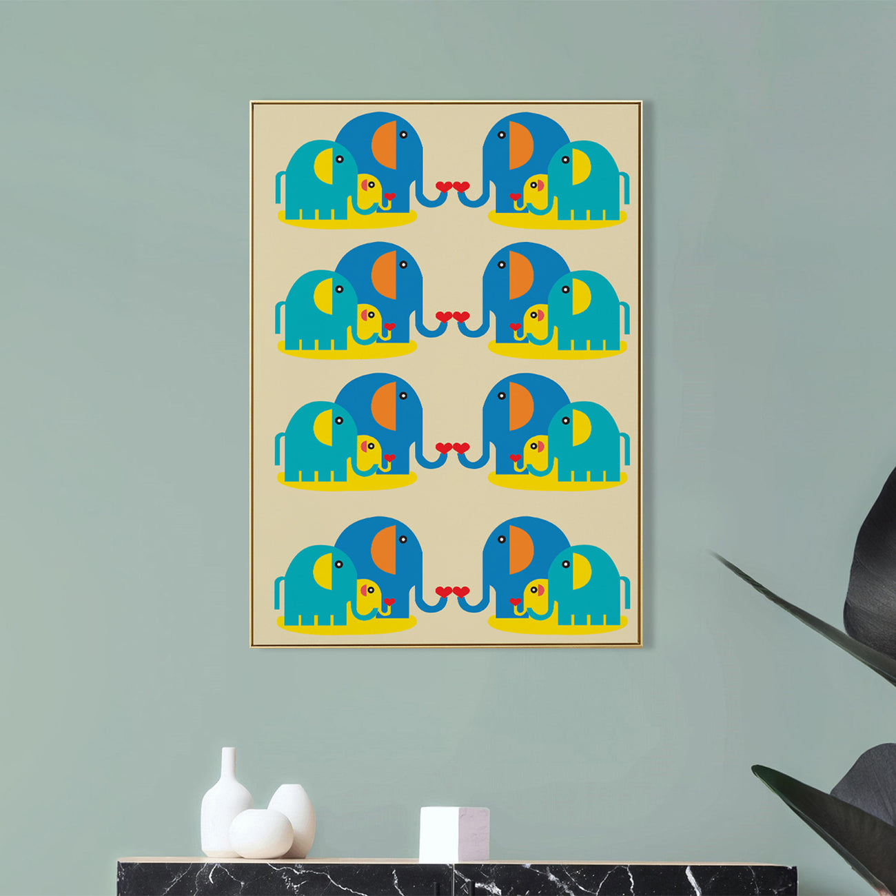 Colorful Elephant Herd Print Canvas Wall Painting