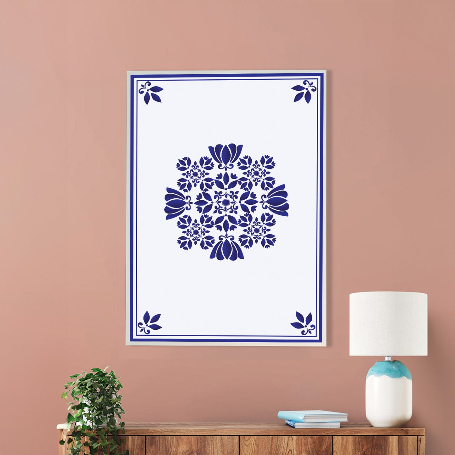 Elegant Blue Floral Tile Canvas Wall Painting Printed