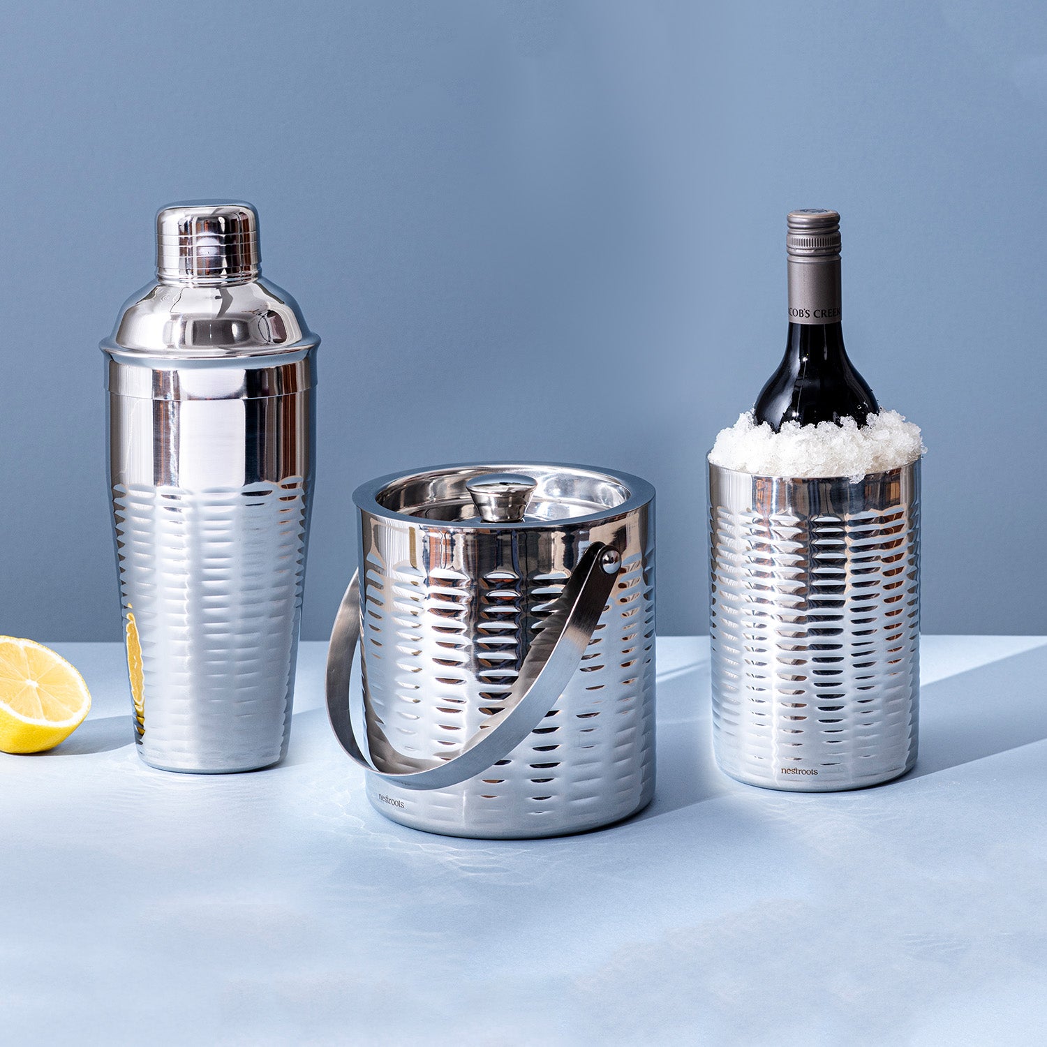 Exquisite Hammered Wine and Cocktail Set - Shaker, Wine Cooler, Ice Bucket Set of 3