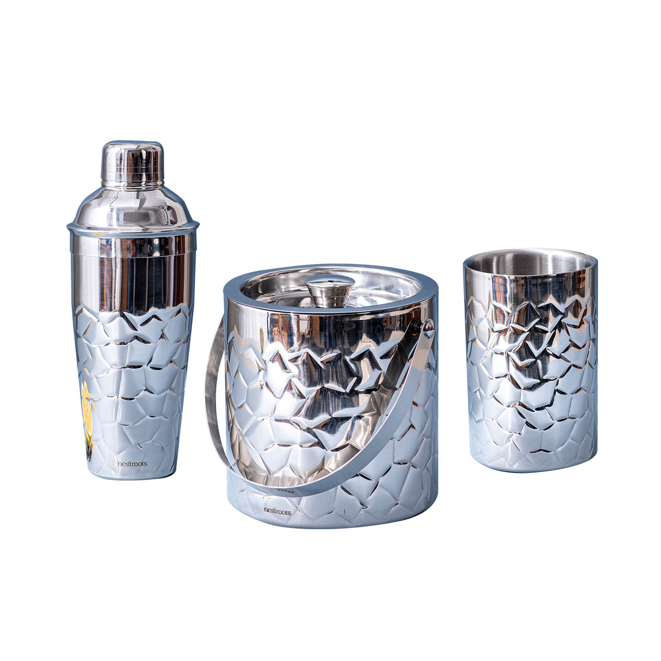 Stylish Hammered Wine and Cocktail Set - Shaker, Wine Cooler, Ice Bucket Set of 3