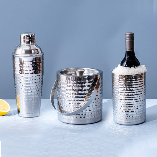 Silver Hammered Wine and Cocktail Set - Shaker, Wine Cooler, Ice Bucket Set of 3