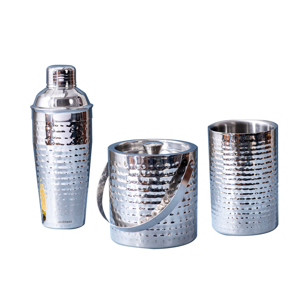 Silver Hammered Wine and Cocktail Set - Shaker, Wine Cooler, Ice Bucket Set of 3