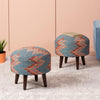 Crest Jacquard Wooden Ottoman in Blue Zig Zag Color Set of 2