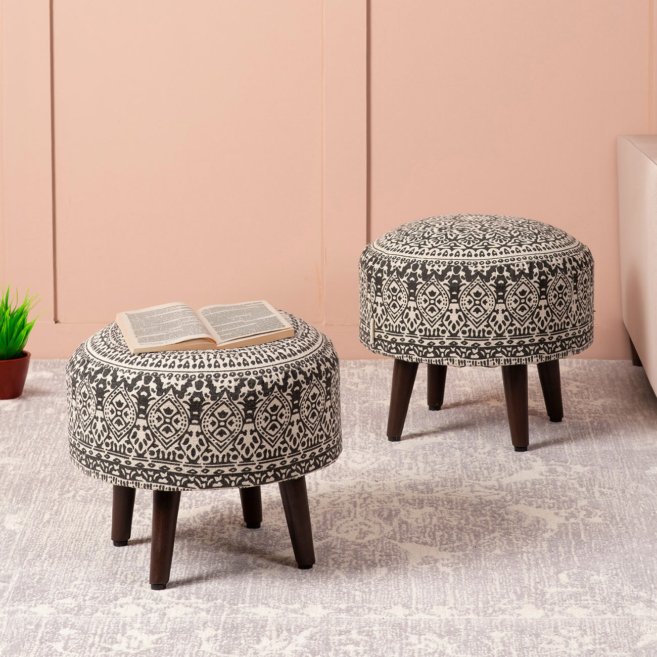 Mandala Fabric Wooden Ottoman in Grey Color Set of 2