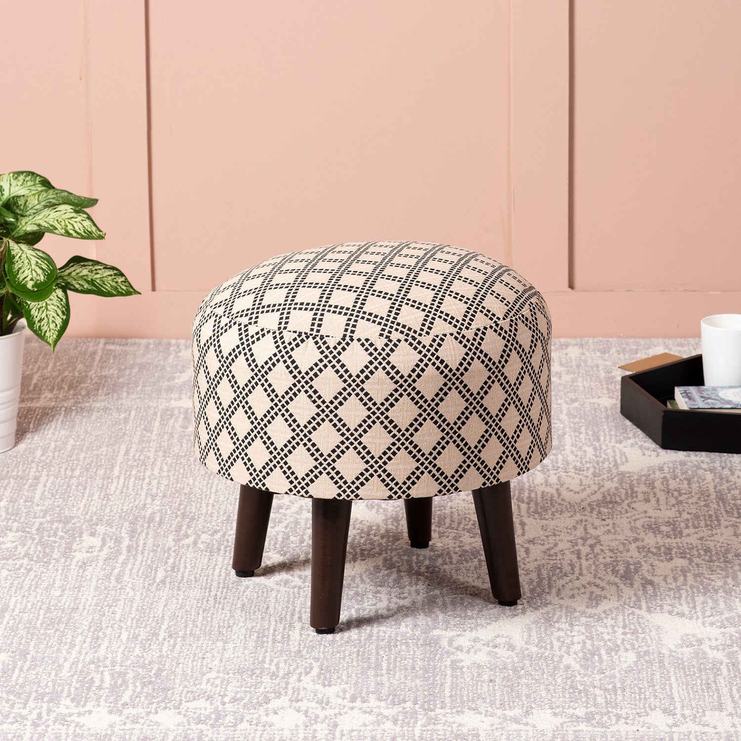 Quad Jacquard Wooden Ottoman in Cream Color