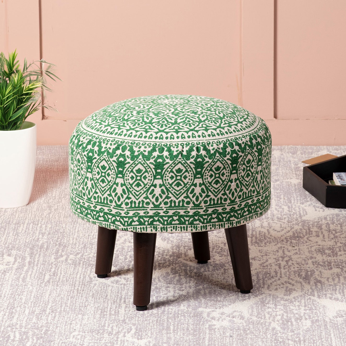 Mandala Fabric Wooden Ottoman in Green Color