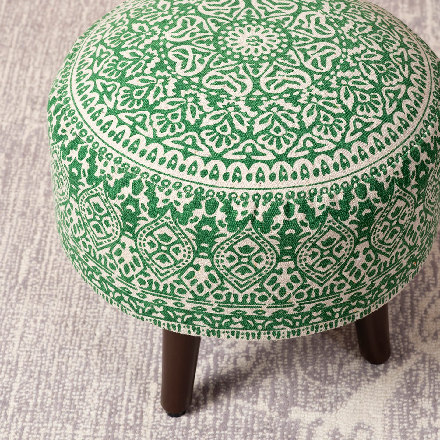 Mandala Fabric Wooden Ottoman in Green Color