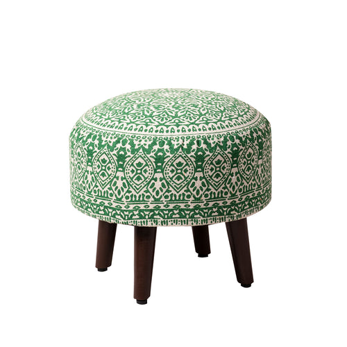 Mandala Fabric Wooden Ottoman in Green Color