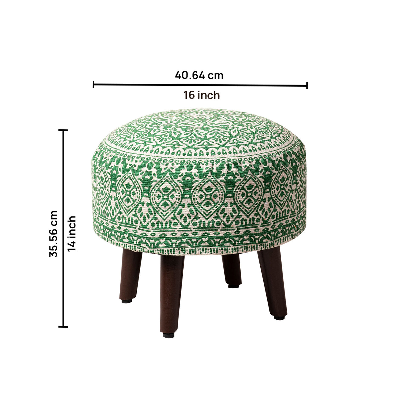 Mandala Fabric Wooden Ottoman in Green Color