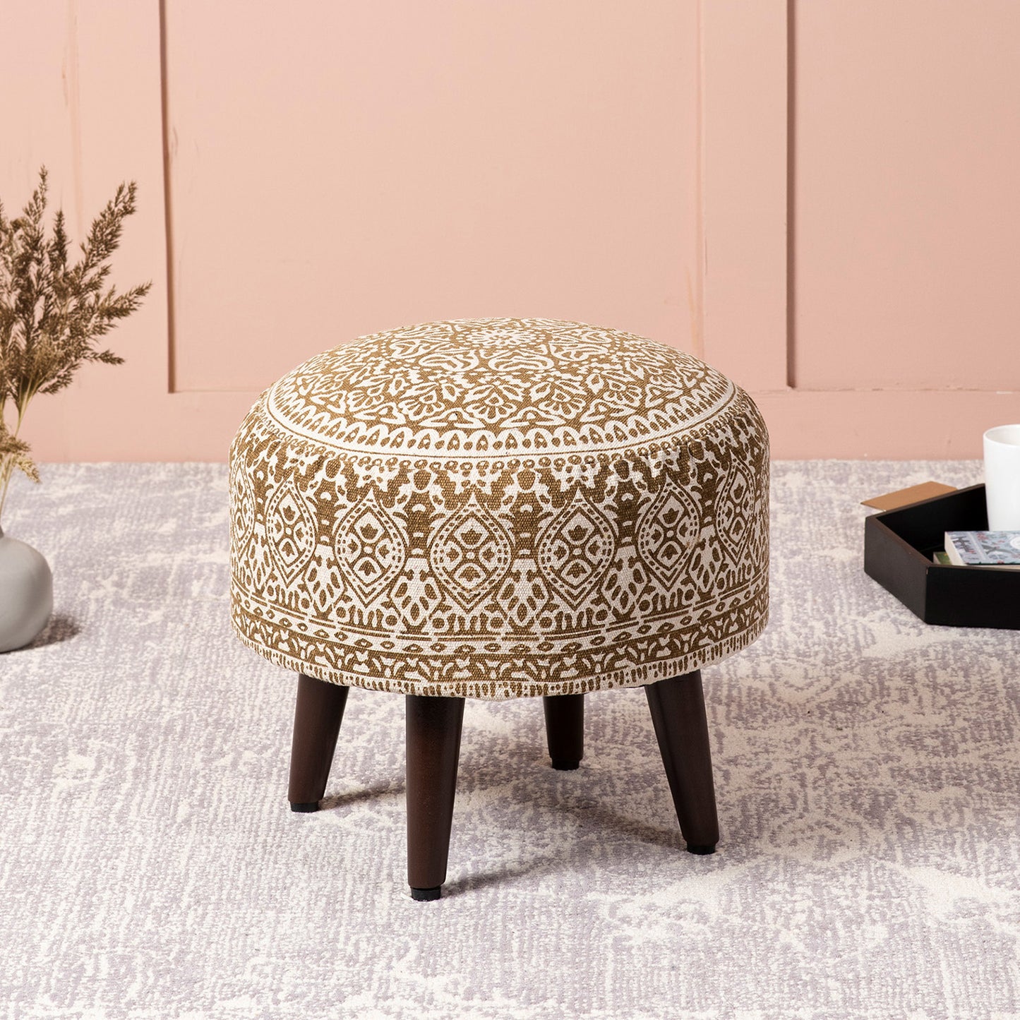 Mandala Fabric Wooden Ottoman in Yellow Color