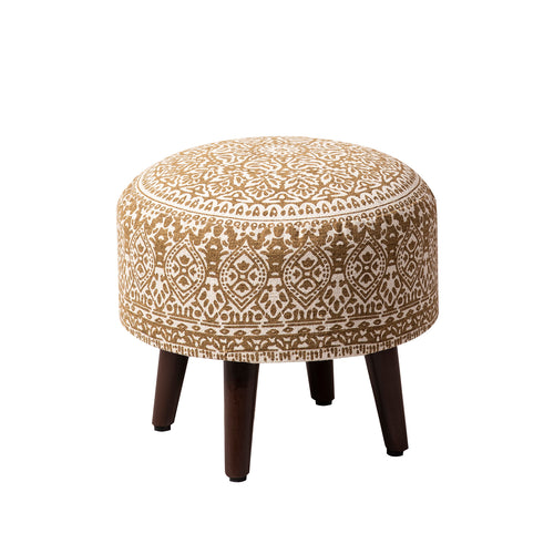 Mandala Fabric Wooden Ottoman in Yellow Color