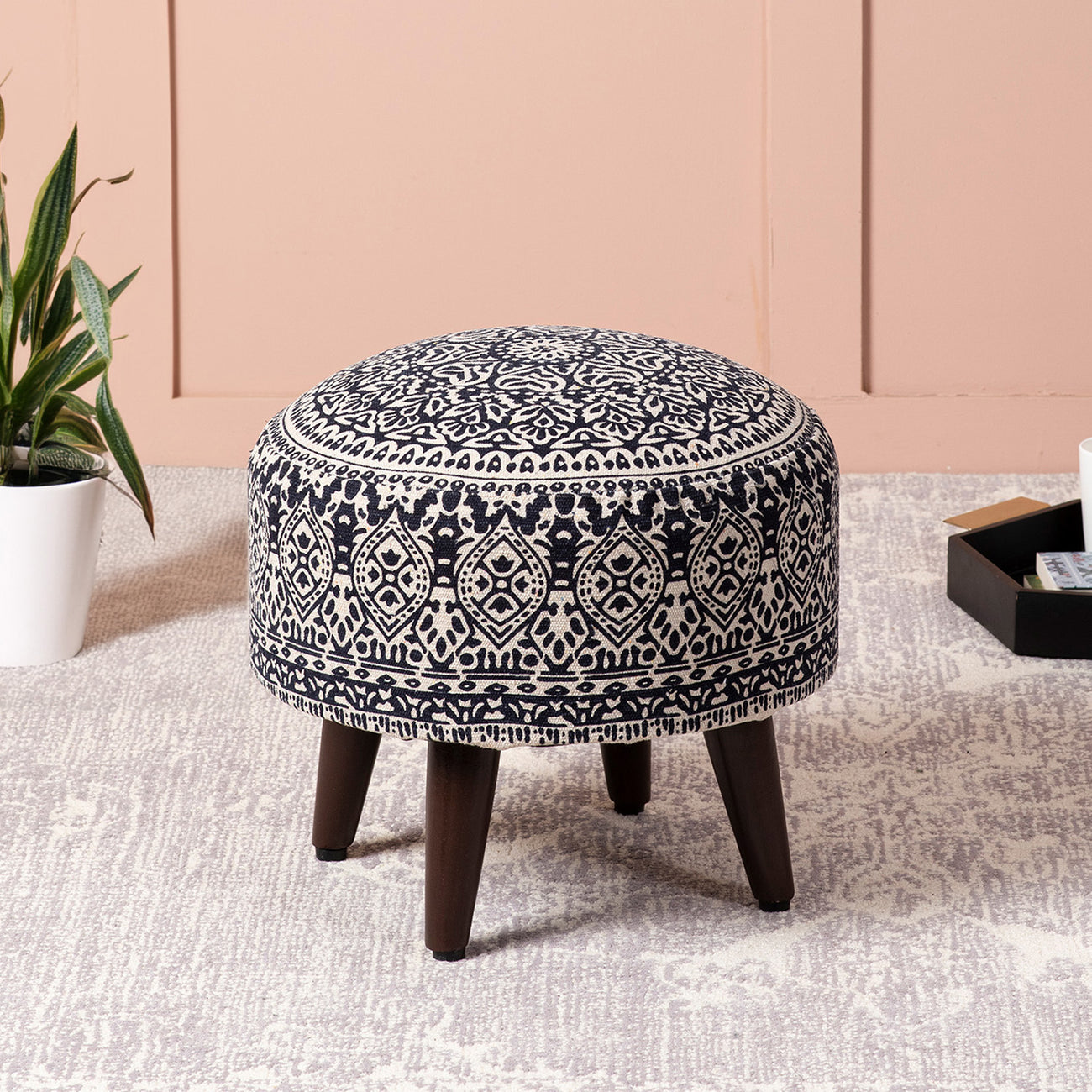 Mandala Fabric Wooden Ottoman in Blue Color