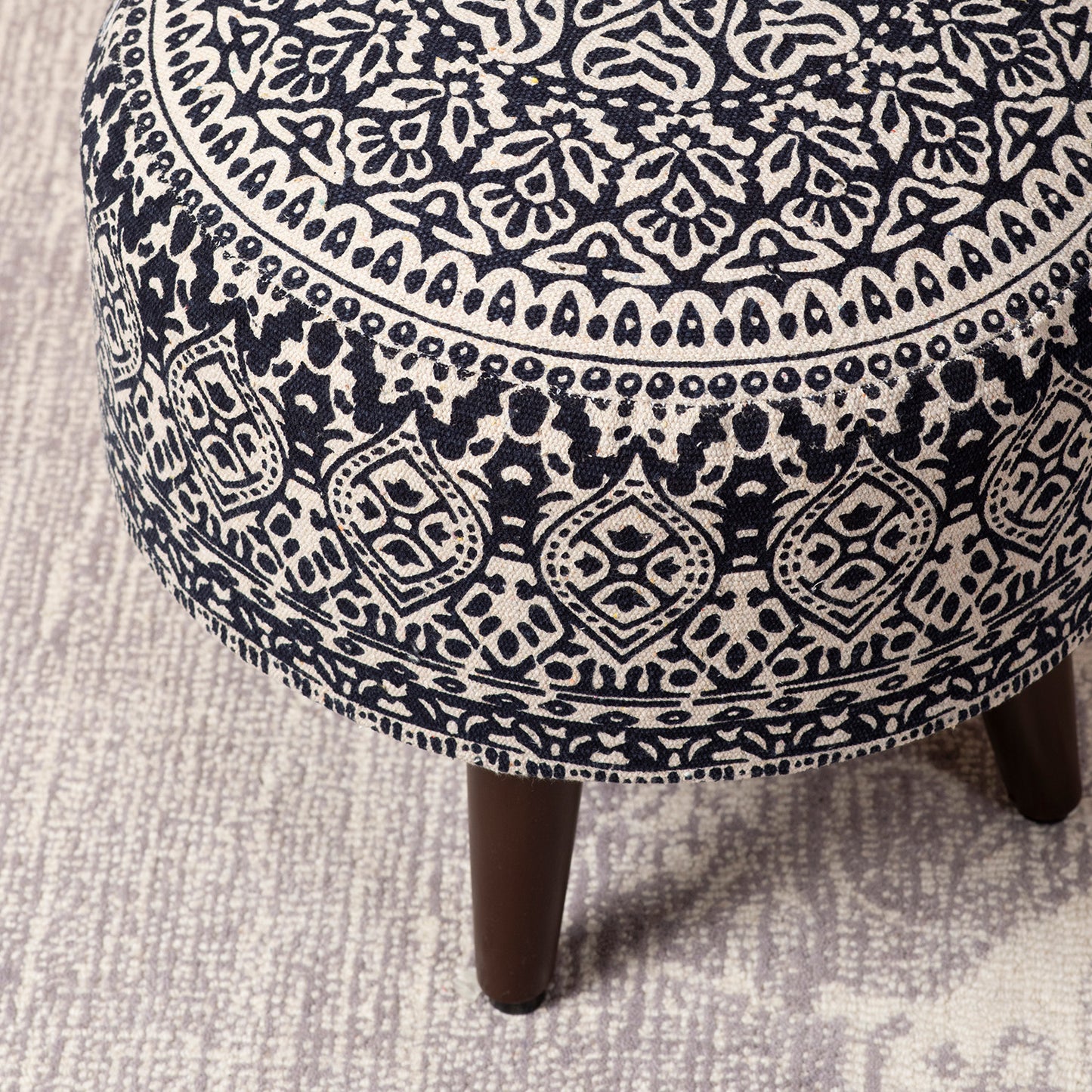 Mandala Fabric Wooden Ottoman in Blue Color