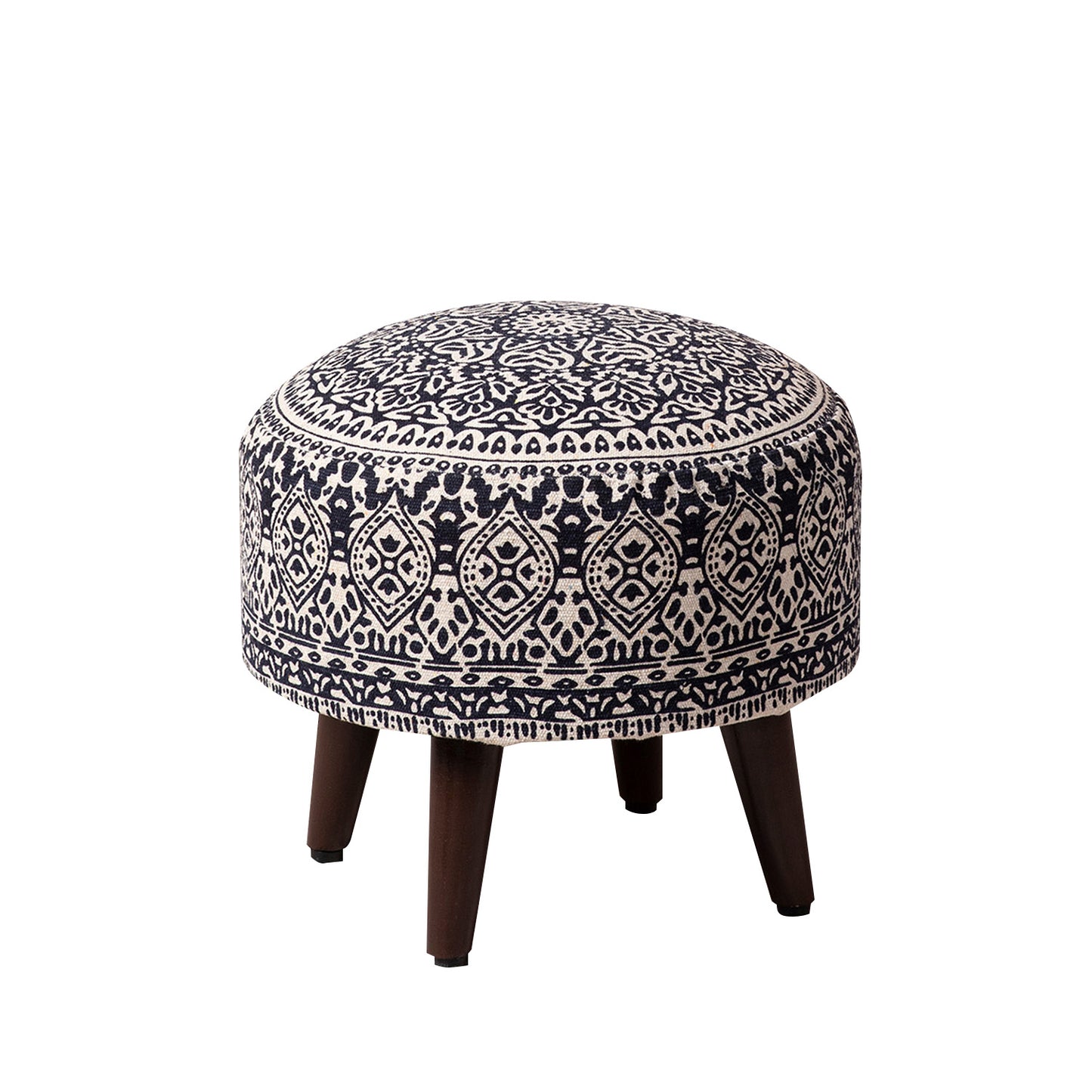 Mandala Fabric Wooden Ottoman in Blue Color