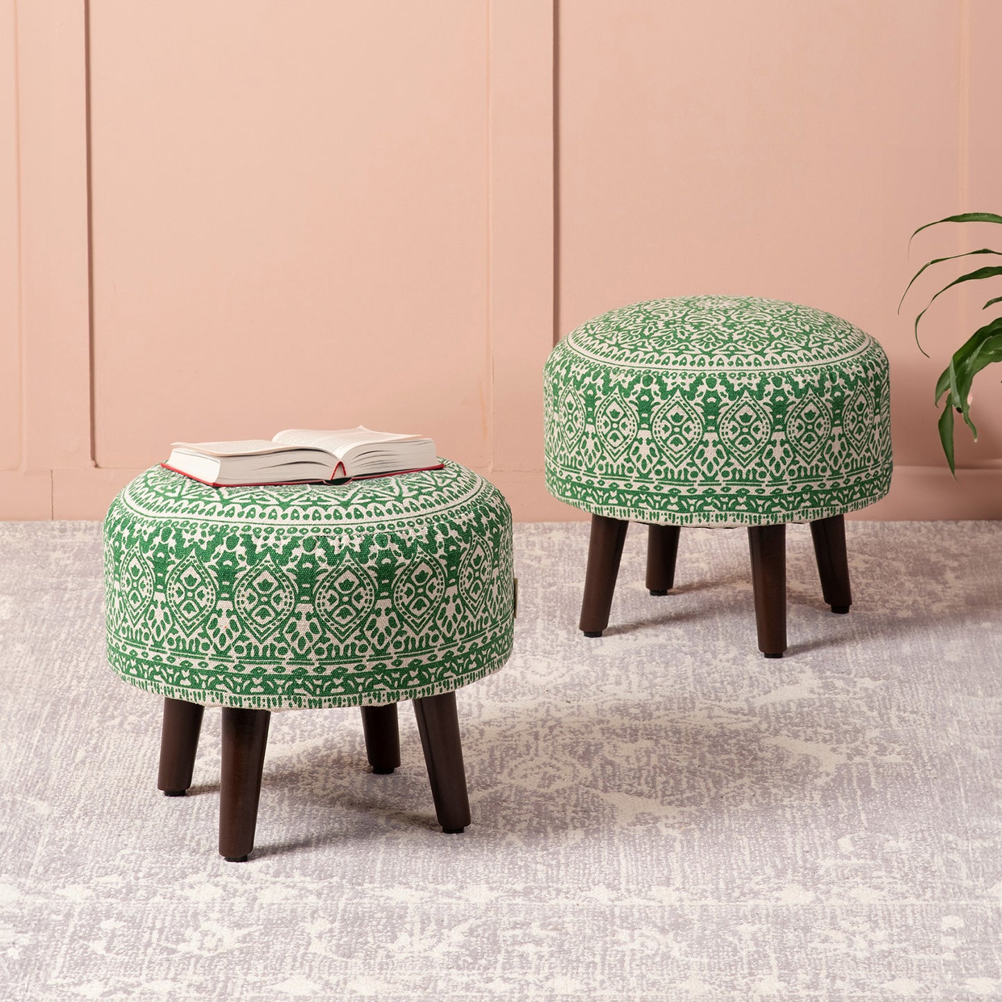 Mandala Fabric Wooden Ottoman in Green Color Set of 2