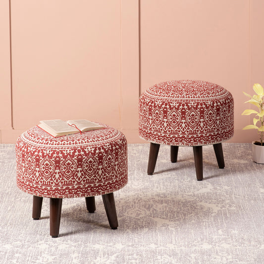 Mandala Fabric Wooden Ottoman in Red Color Set of 2