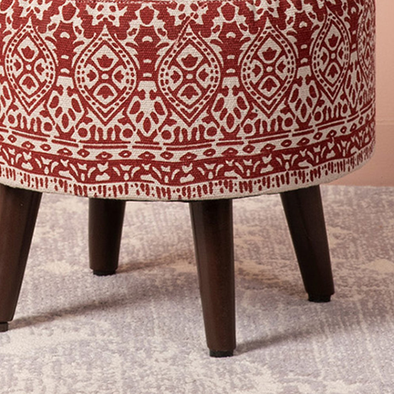 Mandala Fabric Wooden Ottoman in Red Color Set of 2