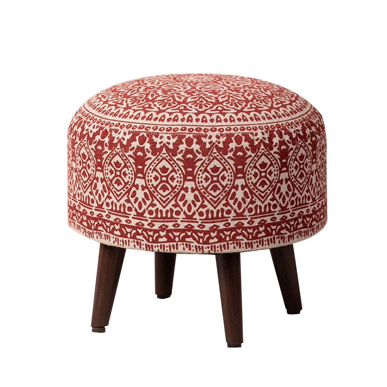 Mandala Fabric Wooden Ottoman in Red Color Set of 2