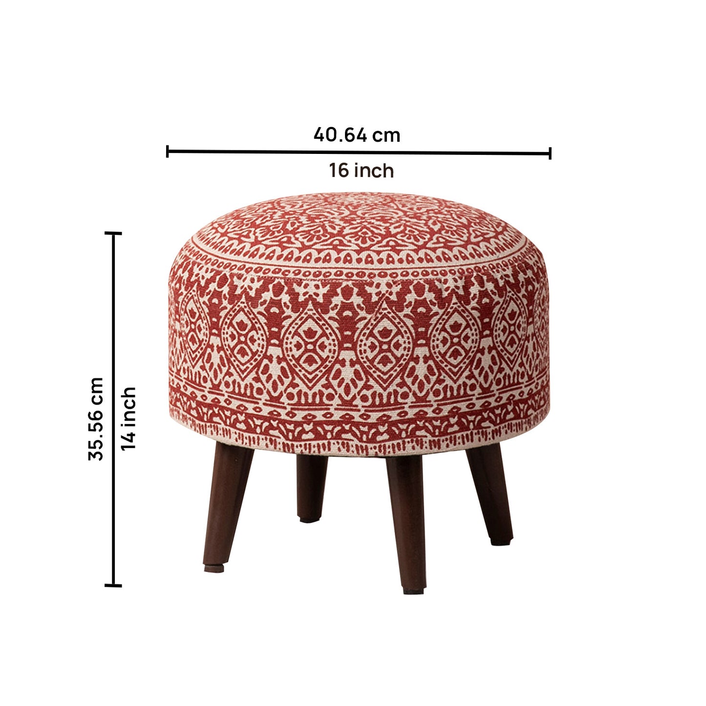 Mandala Fabric Wooden Ottoman in Red Color Set of 2