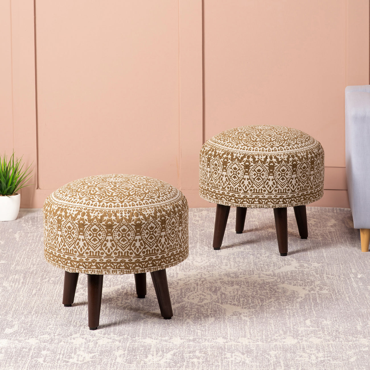 Mandala Fabric Wooden Ottoman in Yellow Color Set of 2