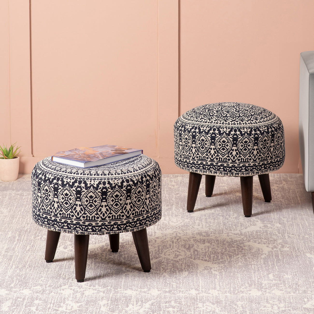 Mandala Fabric Wooden Ottoman in Blue Color Set of 2