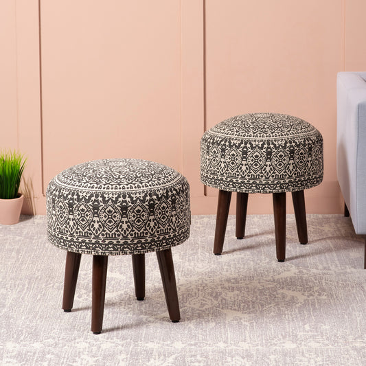 Botanic Fabric Wooden Ottoman in Grey Color Set of 2