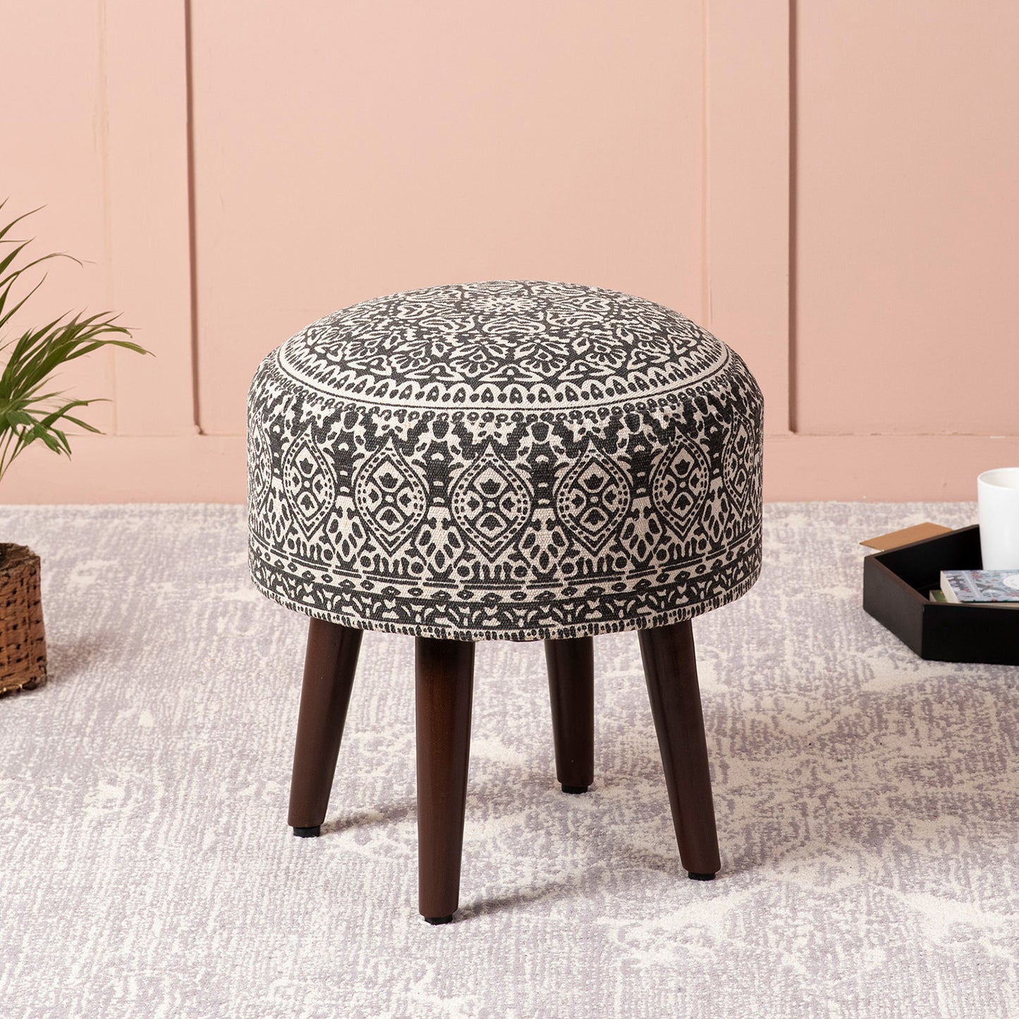 Botanic Fabric Wooden Ottoman in Grey Color