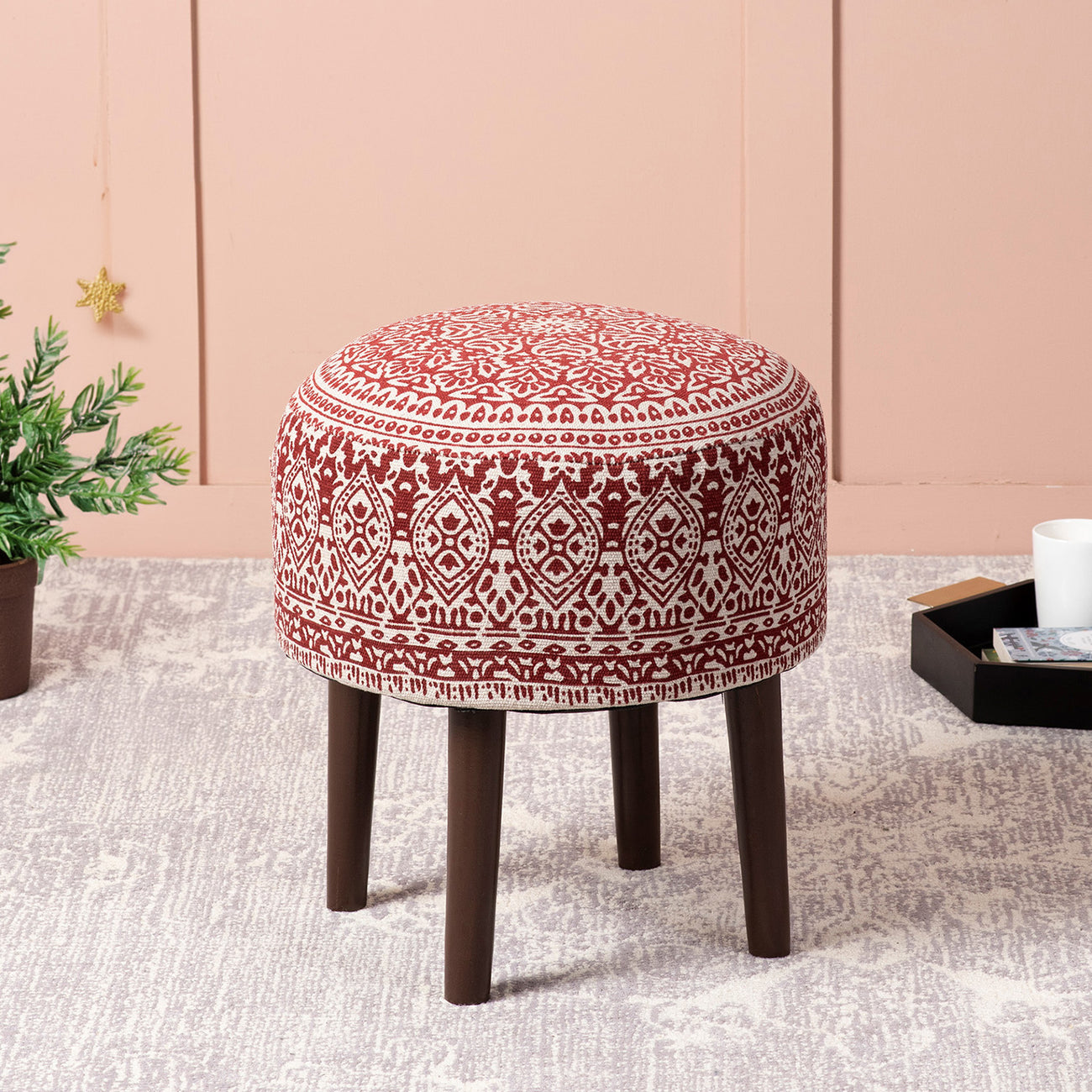 Botanic Fabric Wooden Ottoman in Red Color