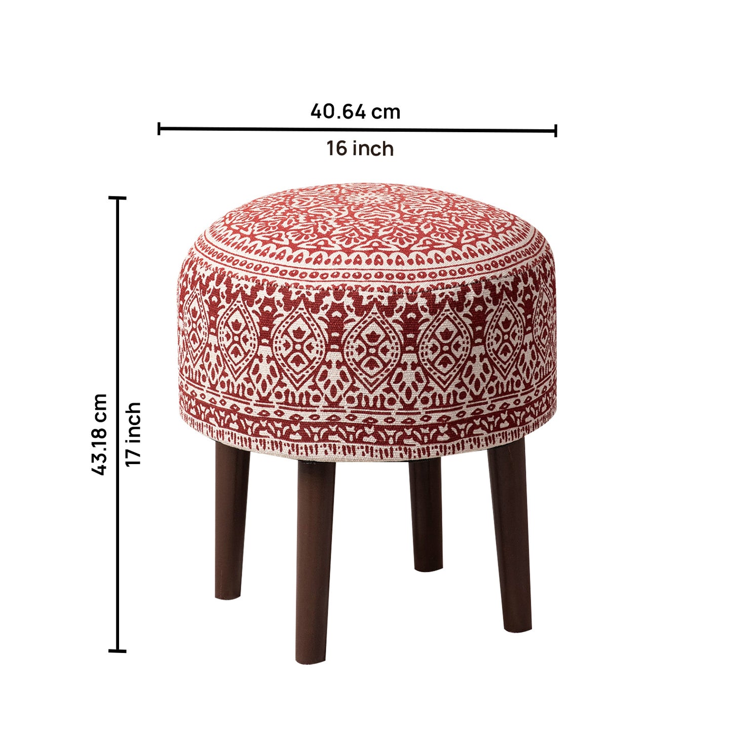 Botanic Fabric Wooden Ottoman in Red Color