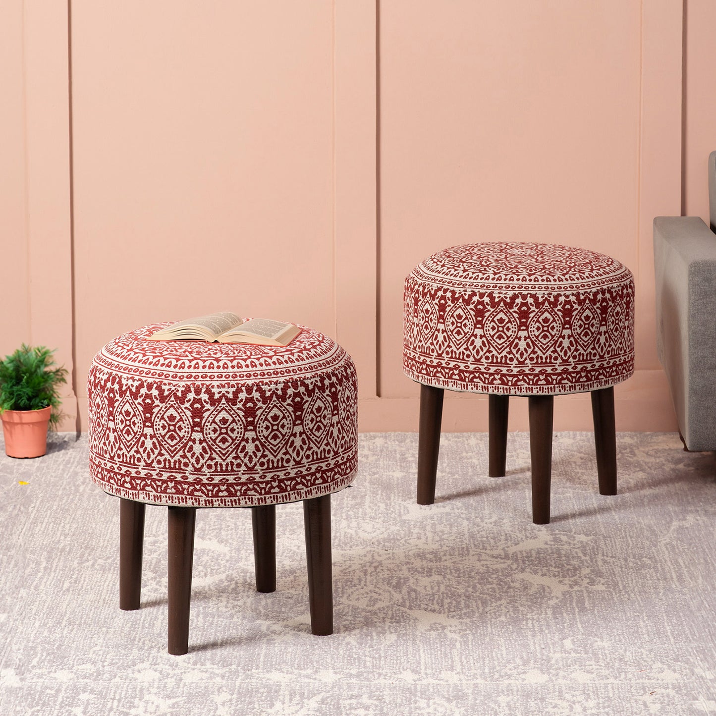 Botanic Fabric Wooden Ottoman in Red Color Set of 2