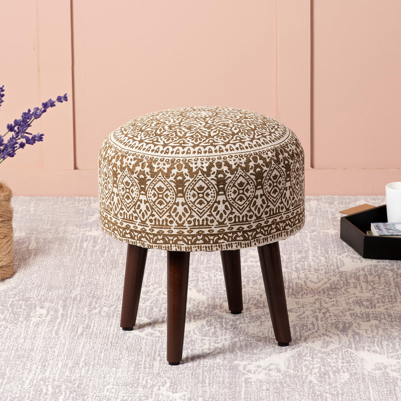 Botanic Fabric Wooden Ottoman in Yellow Color