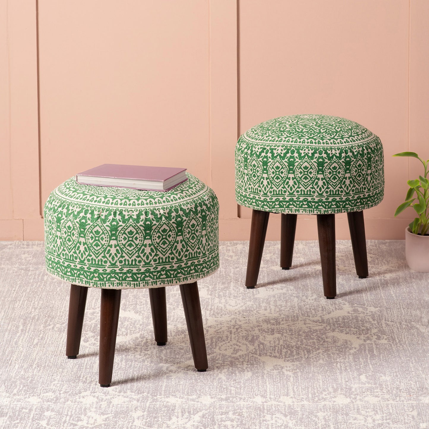 Botanic Fabric Wooden Ottoman in Green Color Set of 2