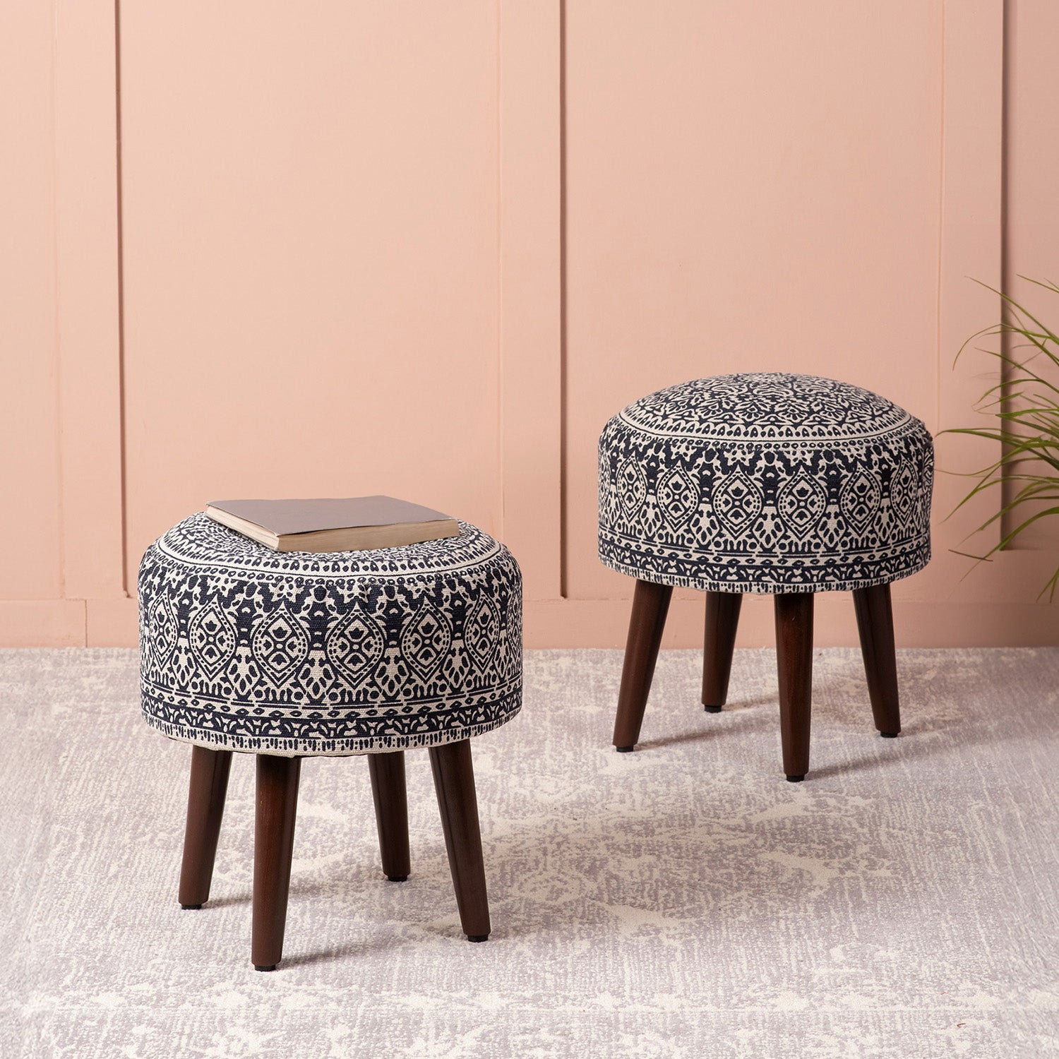 Botanic Fabric Wooden Ottoman in Blue Color Set of 2