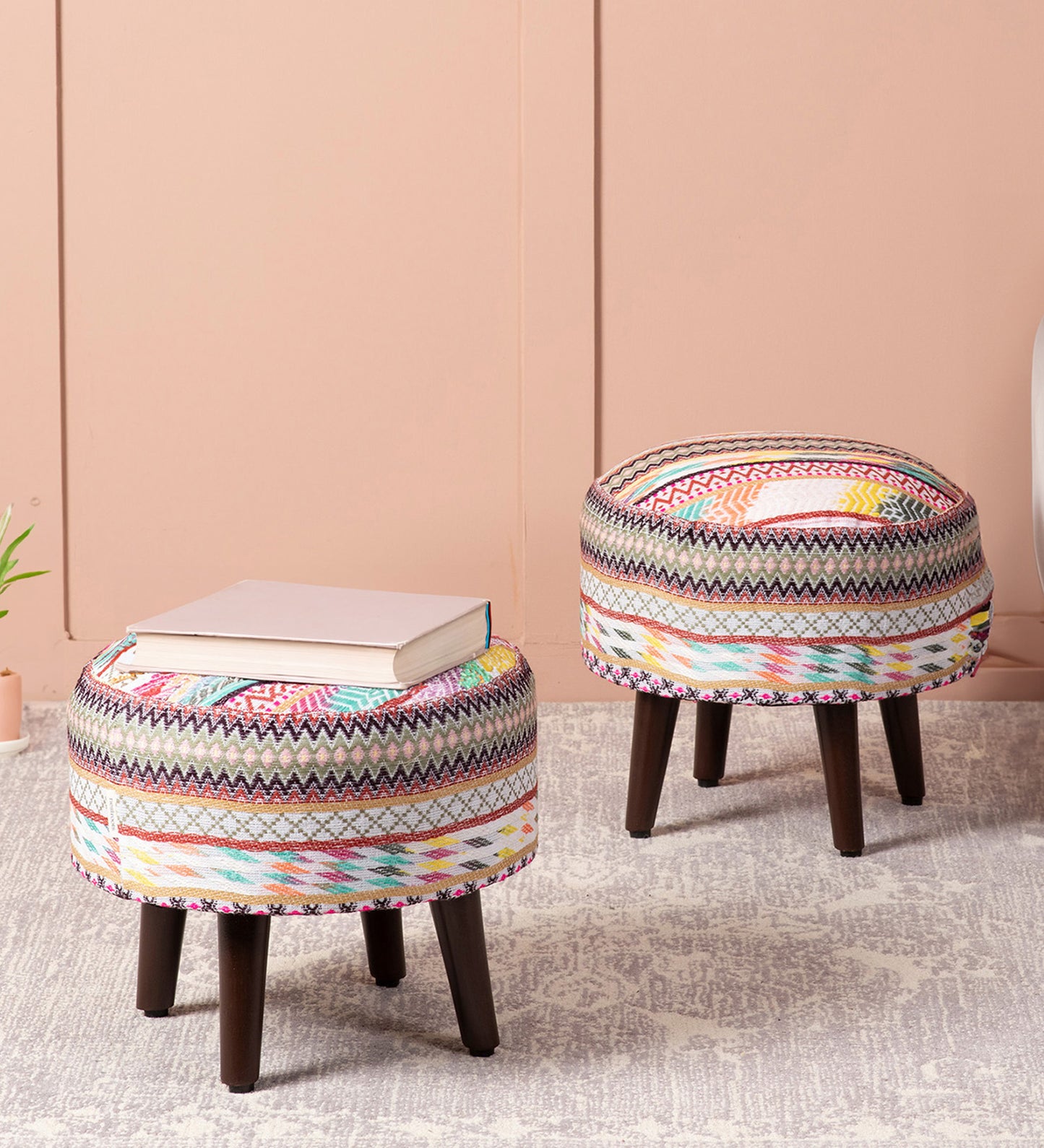 Hues Jacquard Wooden Ottoman in Multicolor Set of 2