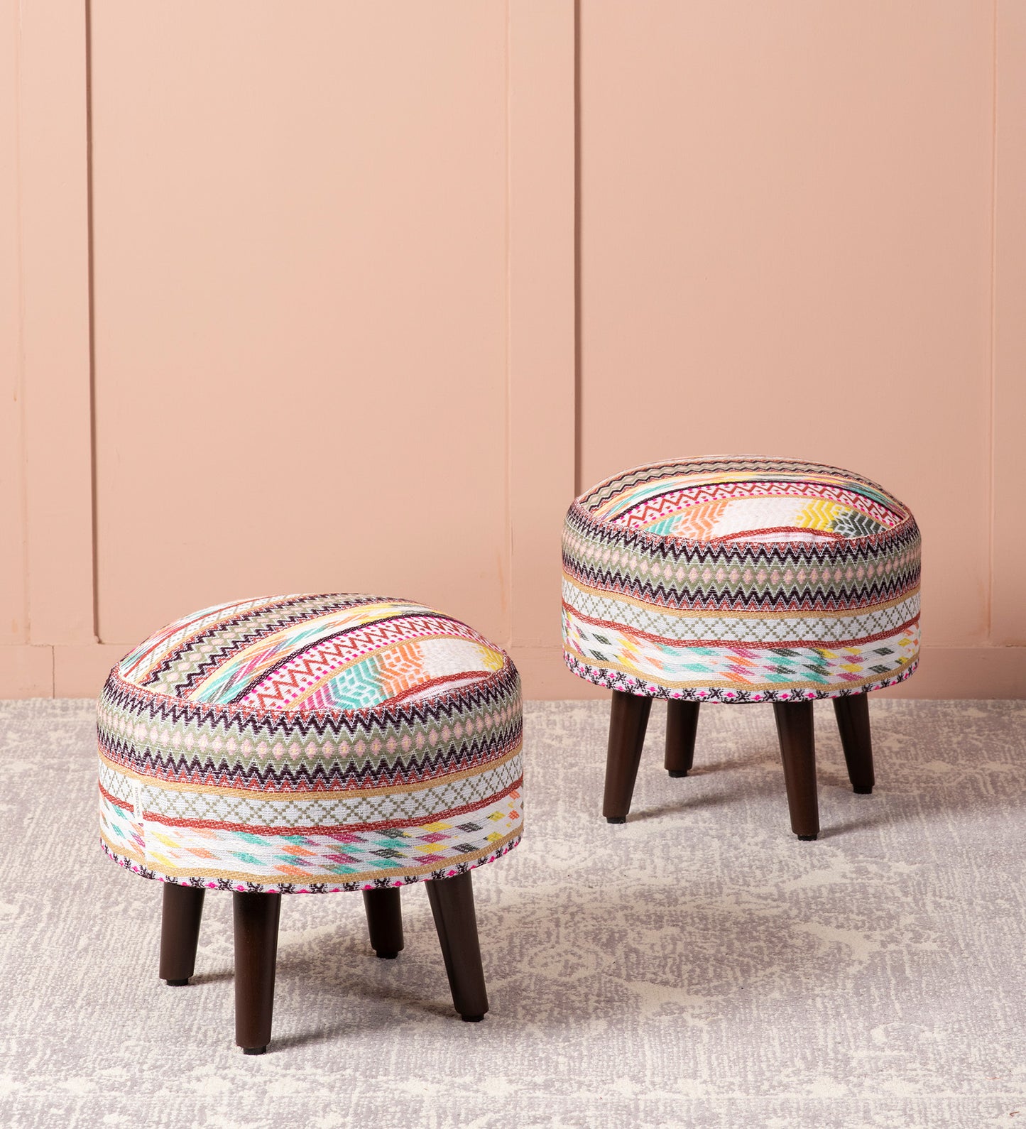 Hues Jacquard Wooden Ottoman in Multicolor Set of 2