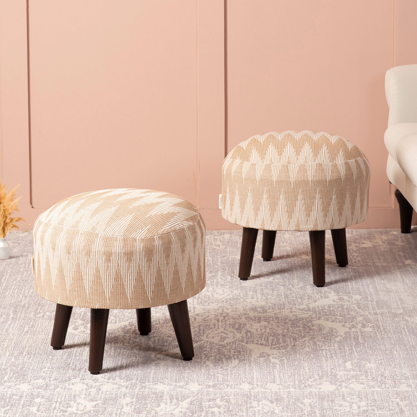 Beige Jacquard Wooden Ottoman Set of 2