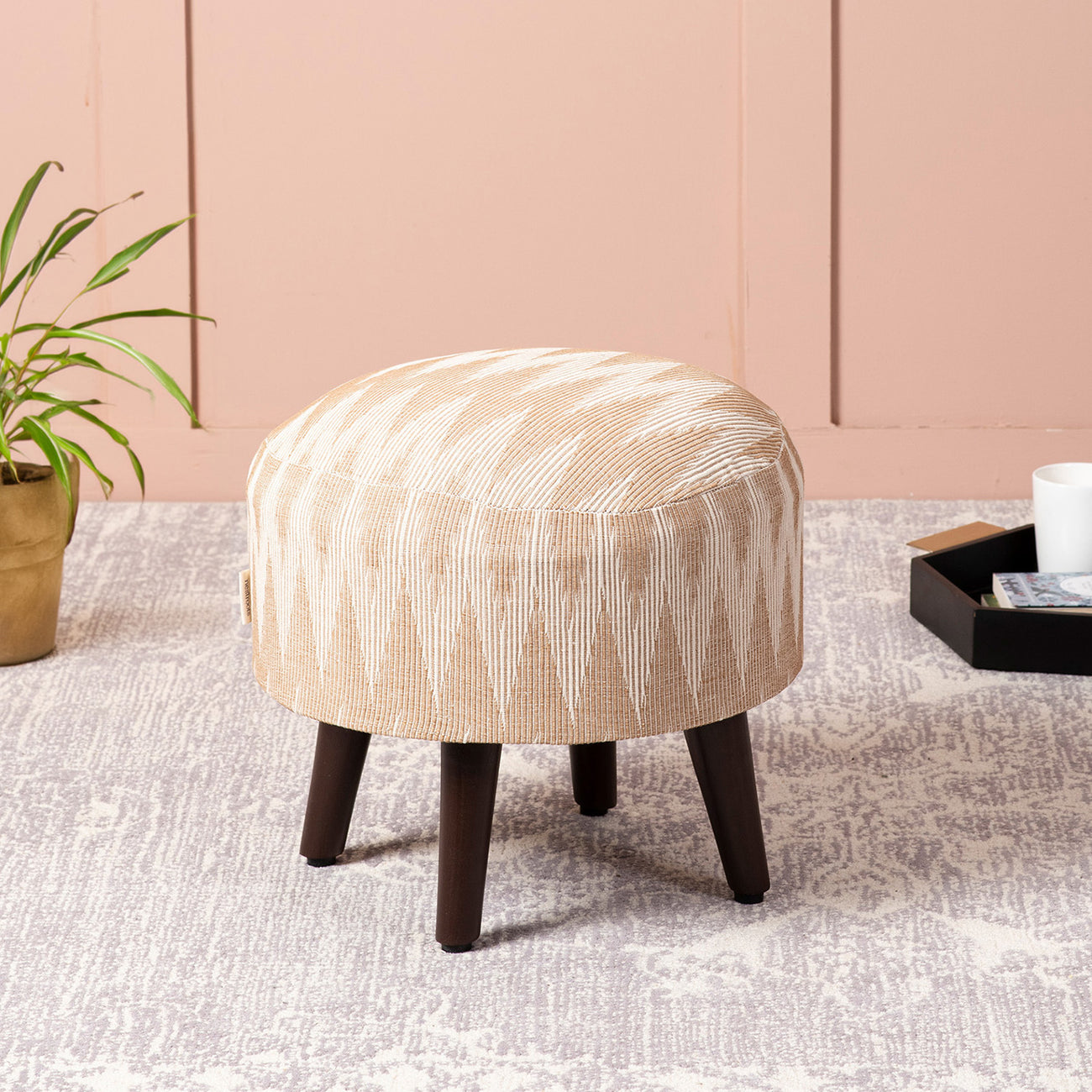 Crest Jacquard Wooden Ottoman in Beige Color