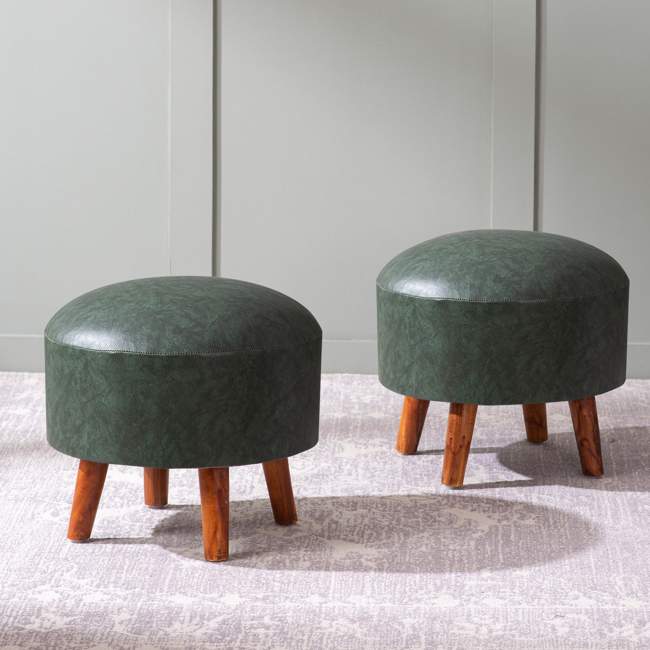 Brick Forest Green Faux Leather Ottoman Set Of 2