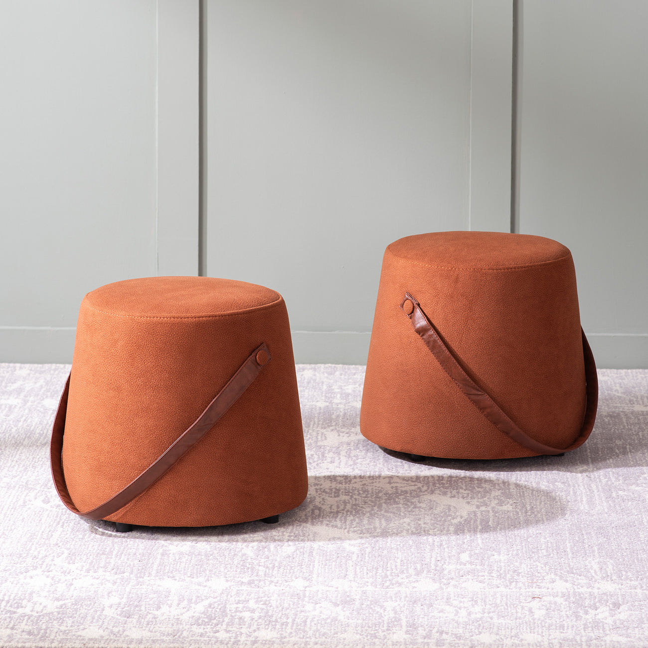 Hoist Collection Tan Pouf With Faux Leather Strap