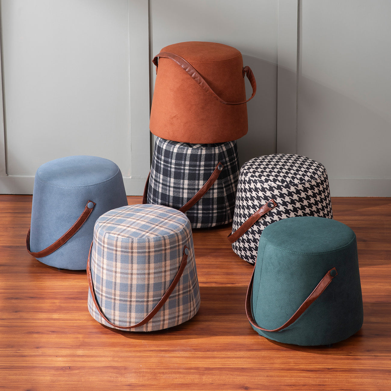 Hoist Collection Tan Pouf With Faux Leather Strap