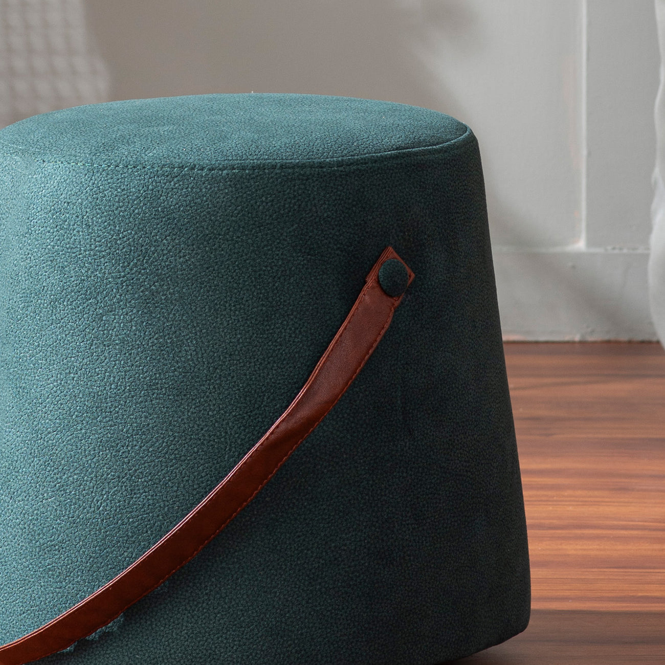 Hoist Collection Green Pouf With Faux Leather Strap