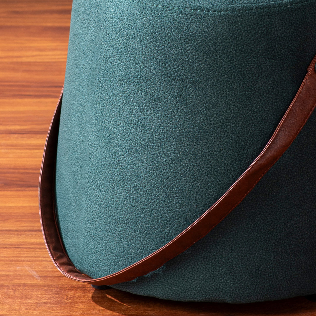 Hoist Collection Green Pouf With Faux Leather Strap