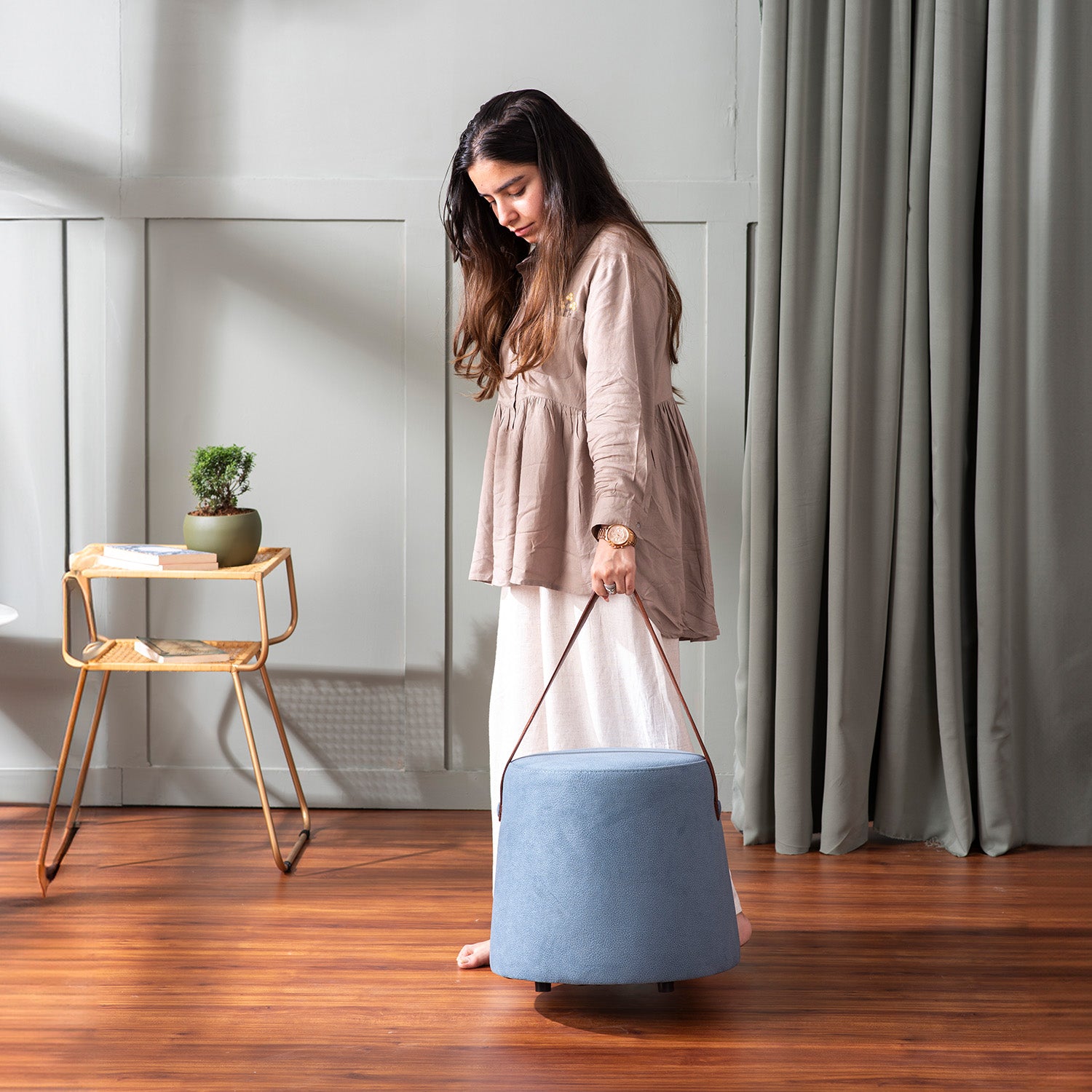 Hoist Collection Blue Pouf With Faux Leather Strap