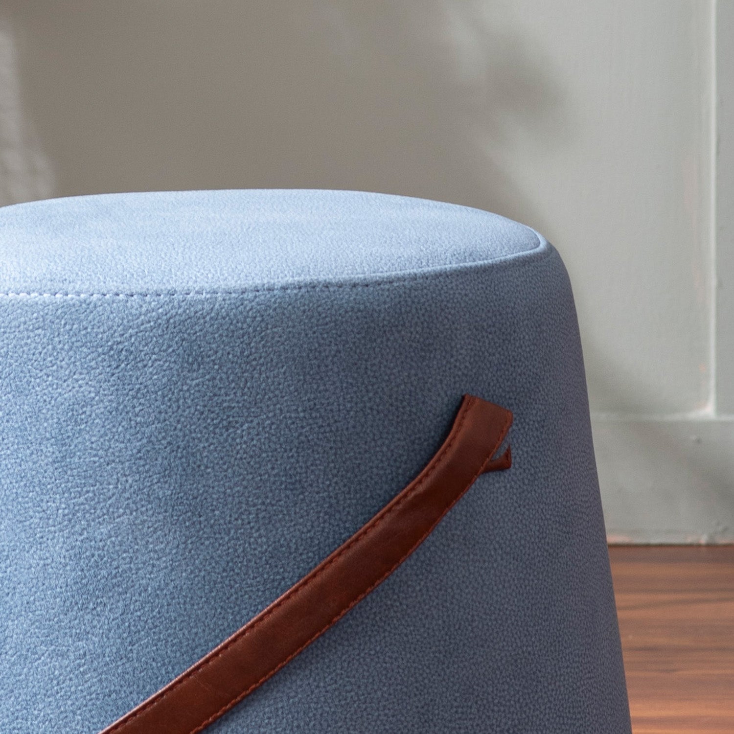 Hoist Collection Blue Pouf With Faux Leather Strap