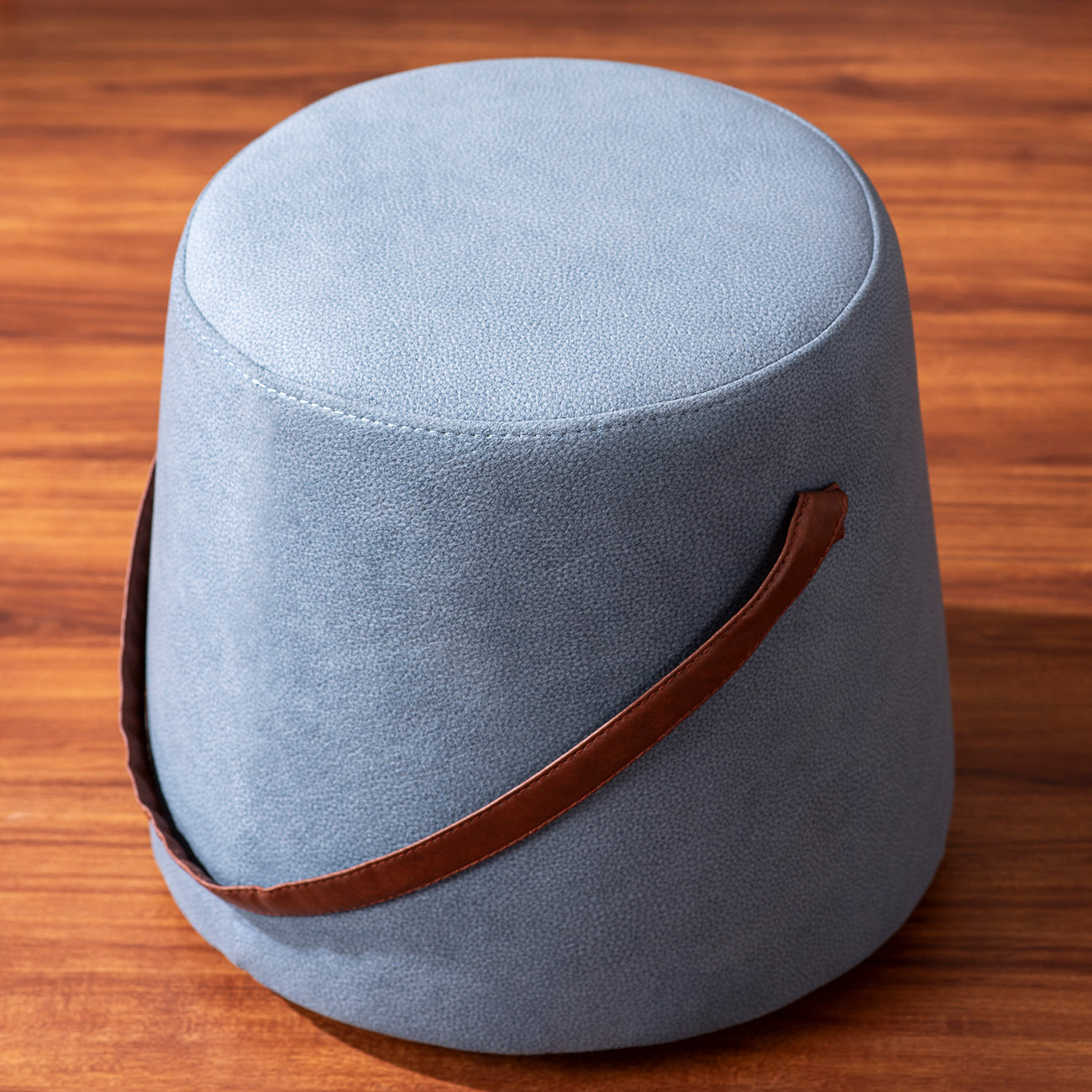 Hoist Collection Blue Pouf With Faux Leather Strap