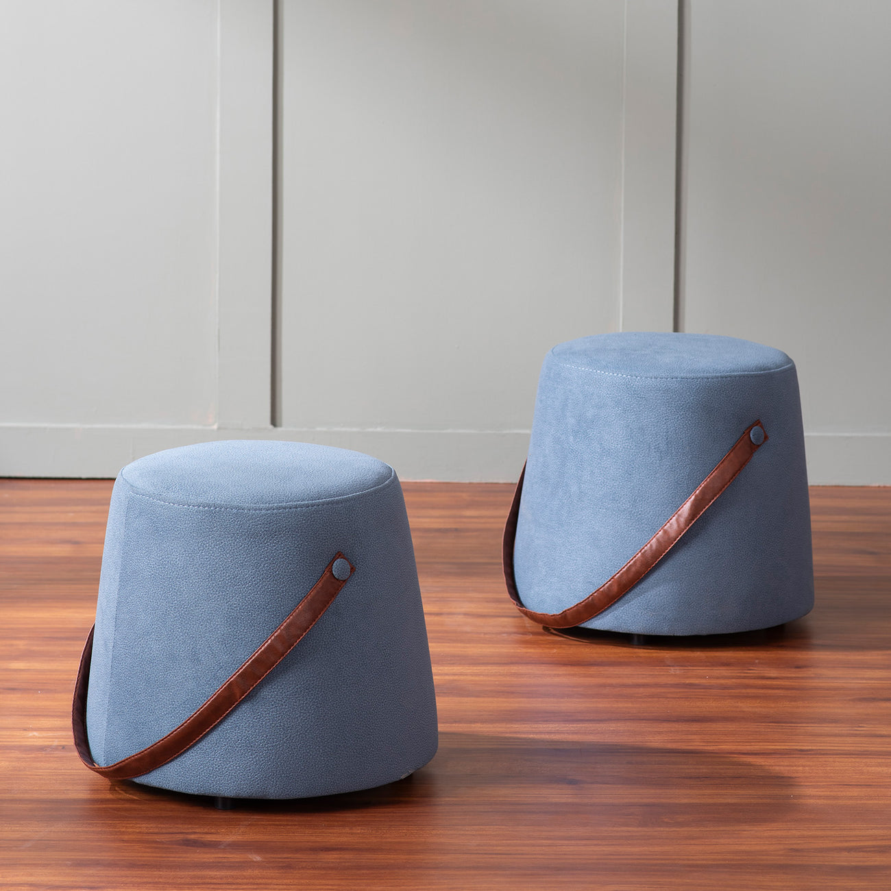 Hoist Collection Blue Pouf With Faux Leather Strap