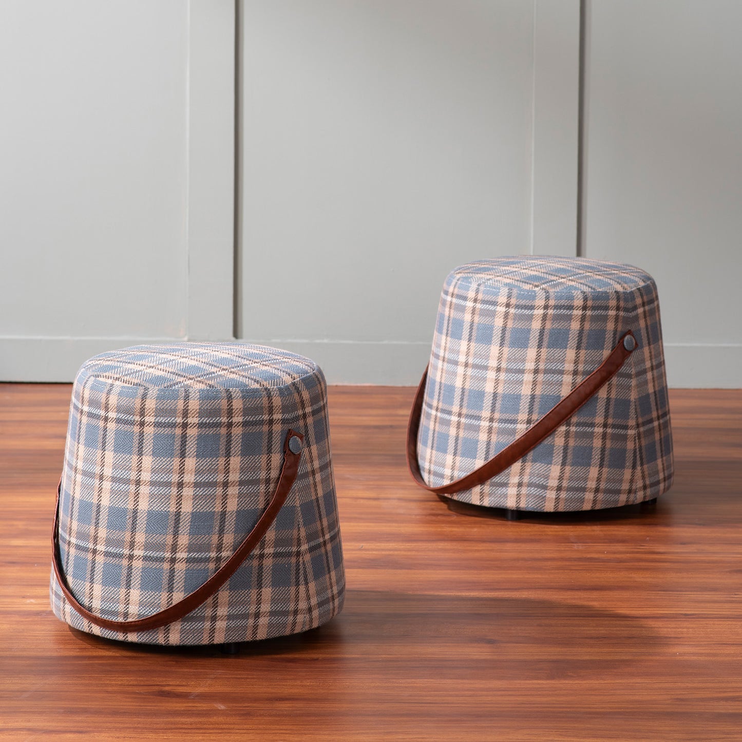 Hoist Collection Grey Pouf With Faux Leather Strap