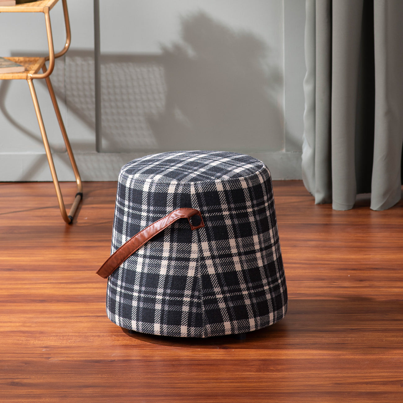 Hoist Collection Black Pouf With Faux Leather Strap