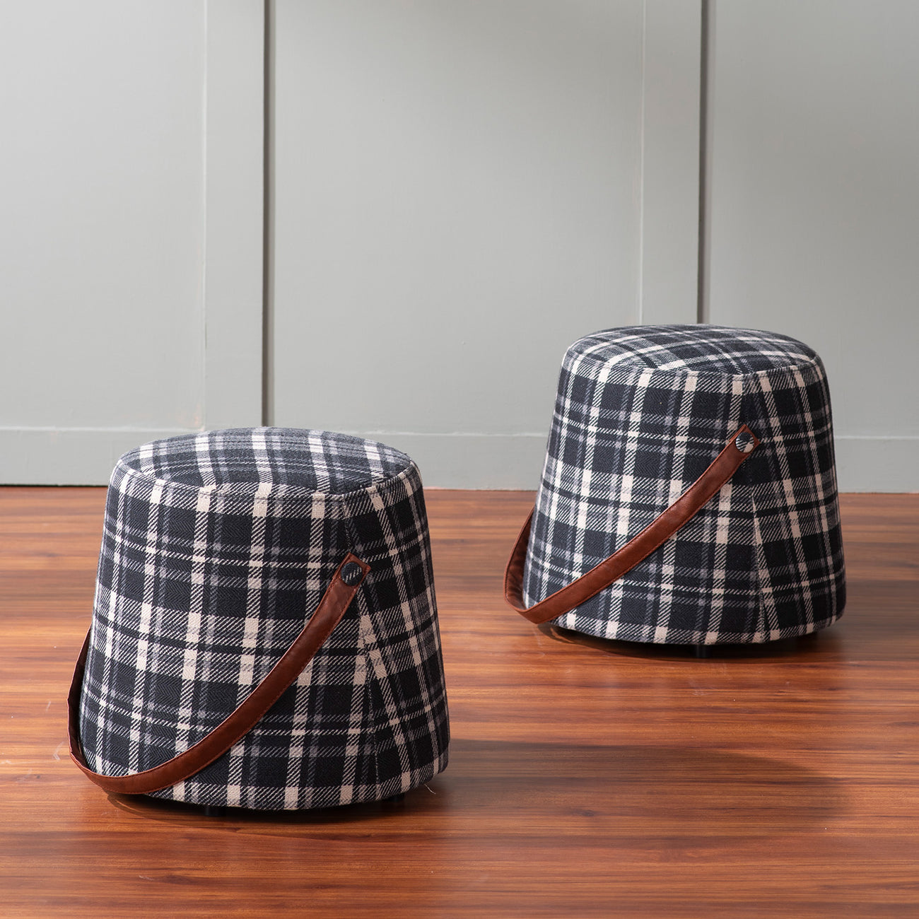 Hoist Collection Black Pouf With Faux Leather Strap