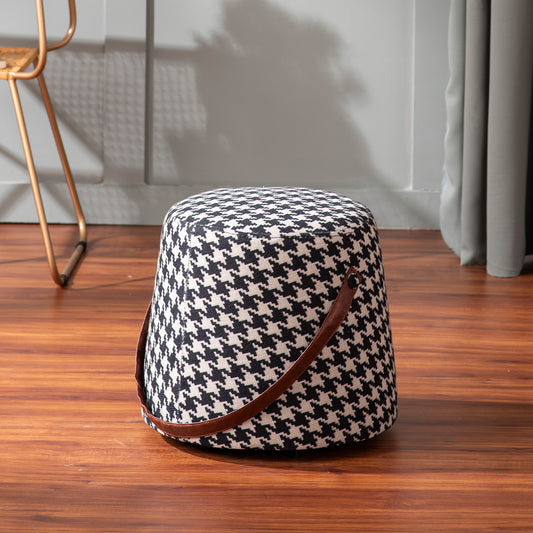Hoist Collection Black & White Houdstooth Pouf With Faux Leather Strap